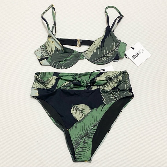 Revolve Beach Riot Camilla Top & Emma Bottom Bikini Swim Set Black Palm - Picture 2 of 11